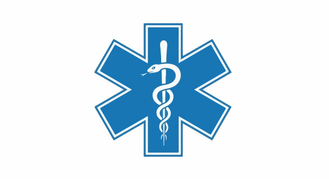 A blue starburst emblem with a white caduceus symbol, representing emergency medical services