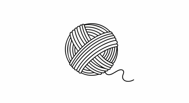A black and white illustration of a ball of yarn with a loose strand