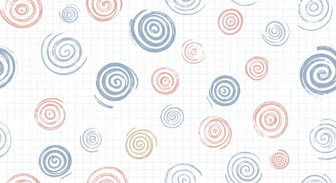 Playful seamless pattern of colorful textured spirals in blue, red, and yellow on a white grid paper background.