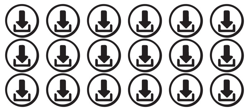 Grid of download file icons with arrow symbol in circular frame for data transfer interface design.