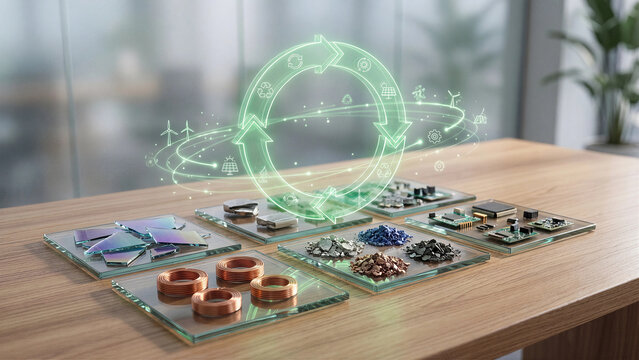 Critical raw materials display with copper coils silicon wafers cobalt and electronic components beside green holographic recycling arrows showcasing circular economy sustainable resource concept