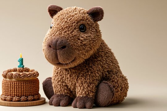 Plush capybara sitting beside birthday cake on creamy seamless background