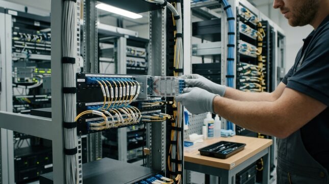 Medium shot showing detailed fiber labeling and cassette installation in a campus network room highlighting structured wiring and workspace cleanliness.