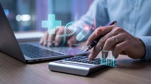 Healthcare business graph data, Businessman use calculator to calculate growth investment medical business, Investor and Financial, People develop attention healthcare and rising growth in hospital.