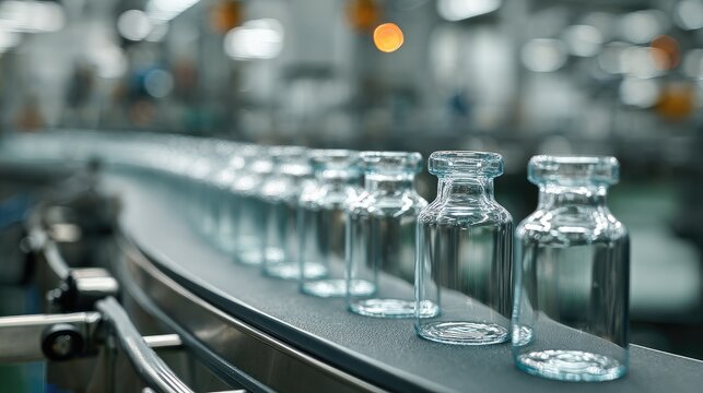 Rows of clear glass vials move down an automated conveyor belt in a sterile manufacturing facility