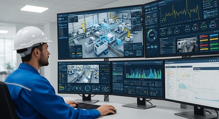 Obraz premium Worker monitors advanced industrial automation system on multiple screens