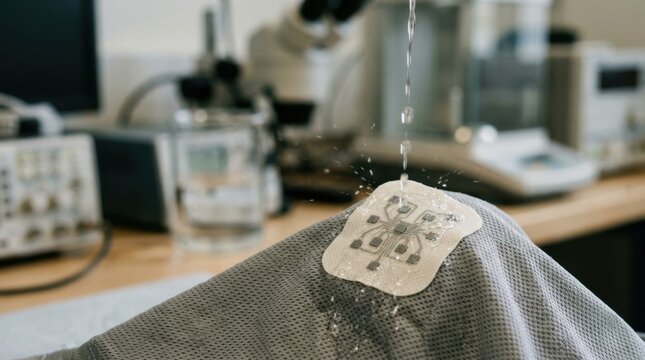 Medium shot of a waterproof cardiac patch being tested under water droplets showcasing durable yet flexible sensor integration on breathable materials ideal for active wet