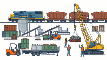 Industrial logistics and transportation scene with train crane and forklifts. © ata