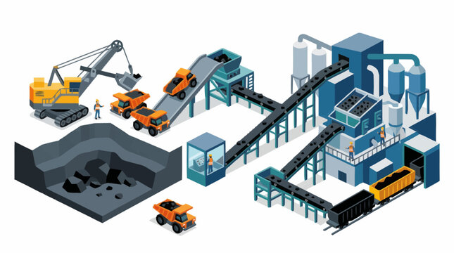 Industrial Coal Mining Operation with Excavator Trucks and Conveyor System.