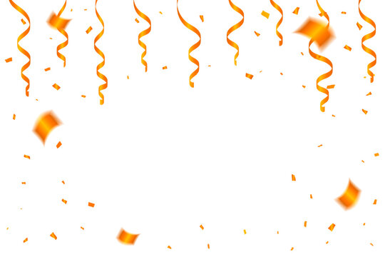 Orange Confetti and Ribbon Falling on Transparent Background with Copy Space. Festive Celebrations. Vector Illustration