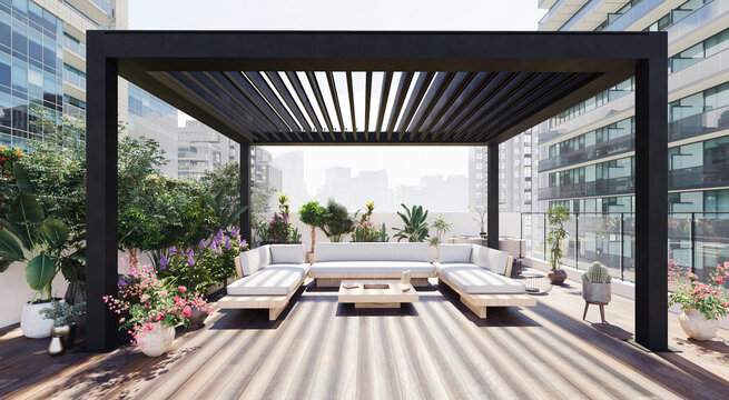 3D illustration of a Luxury Rooftop Pergola Lounge in a Modern Urban Residential Complex