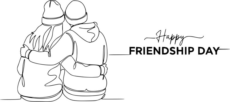 One line drawing of two people sitting together in beanies hugging with Happy Friendship Day text isolated on transferent background for greeting card or social media.