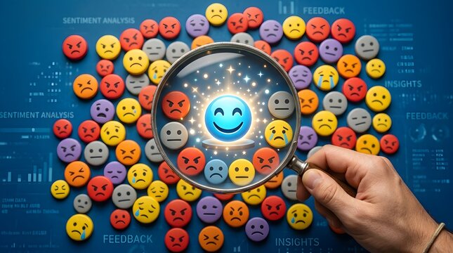 Customer sentiment analysis concept with magnifying glass on emoji crowd, feedback review and social media emotions evaluation