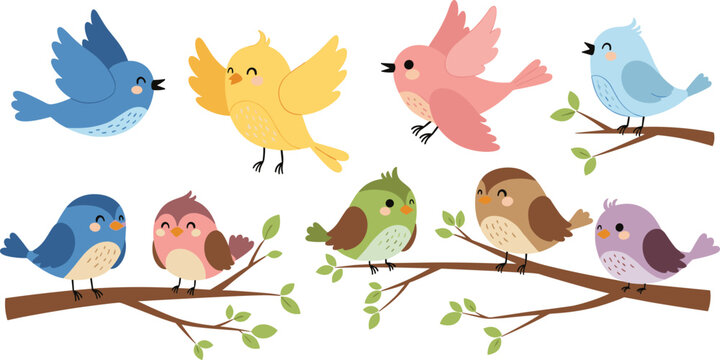 Cute Bird Collection Vector Illustration with Colorful Cartoon Sparrows, Tree Branches, and Adorable Nature Animal Design Elements