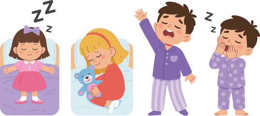 Fototapeta premium Cute Cartoon Kids Sleep Routine Vector Character Set Featuring Little Children Sleeping in Bed Cuddling Teddy Bear Yawning and Waking Up