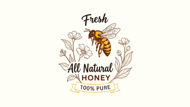 Vintage style logo for fresh all natural honey featuring a detailed honeybee illustration surrounded by flowers.