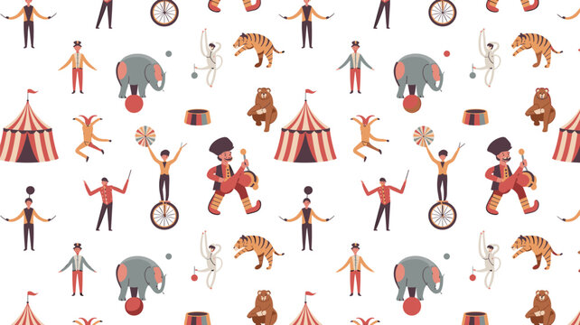 Vintage Circus Carnival Seamless Pattern Vector Design Featuring Trained Animals Acrobats Clowns Musicians and Big Top Tents for Kids Wallpaper Print
