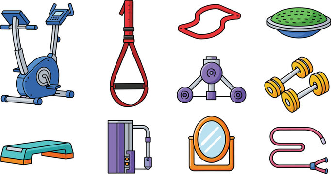 Set of Twelve Gym and Fitness Equipment Vector Illustrations Featuring Exercise Bike, TRX Strap, Dumbbells, Resistance Bands, Step Platform, Mirror, Jump Rope, and Strength Training Tools