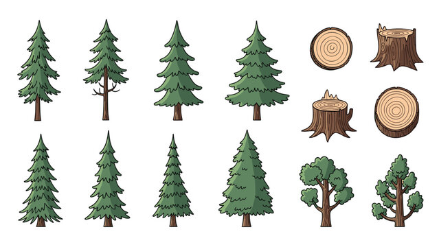 Extensive set of evergreen pine trees and cut wooden logs with tree stumps in a simple hand drawn vector style.