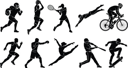 Black silhouette icons of athletes playing football, basketball, tennis, swimming, cycling, running, boxing, ballet, baseball, skateboarding © MOSTSHAHANAJ