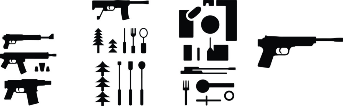 Black silhouette collection of firearms, trees, utensils, abstract shapes, rifle handgun pistol illustration isolated design elements vector artwork