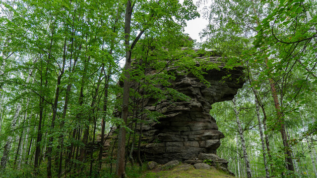Seven Brothers and One Sister, remnants of rock at top of Semibratskaya Mountain in Middle Urals, Nevyansky district, Sverdlovsk region, Russia, near village Verkhneuvinsky