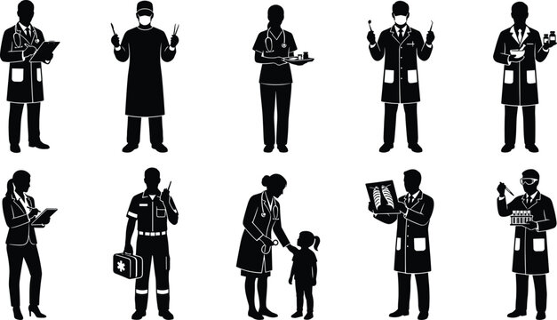 Black silhouette icons of doctors, nurses, surgeons, paramedics, medical workers with instruments, pediatric care, vector healthcare professional illustration
