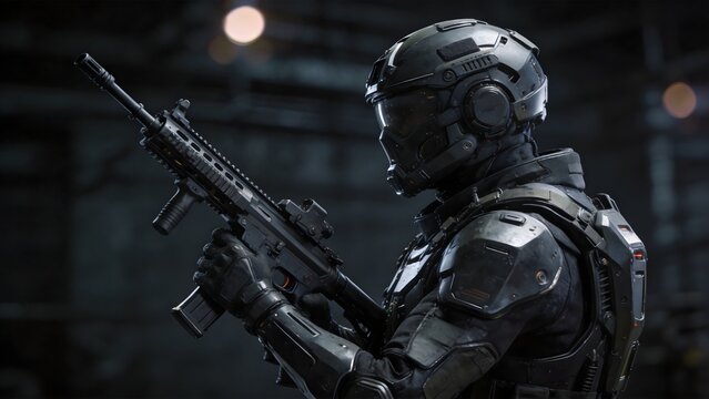 Soldier in tactical gear holding rifle
