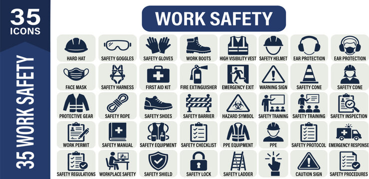 Work safety icon set collection in solid glyph style, goggles, hard hat, engineer, exit, first aid, glove, and an icon pack containing safety.