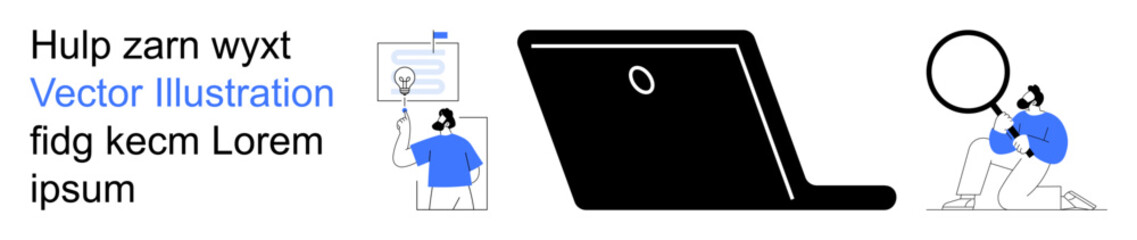 Fototapeta na wymiar Digital communication, online research, work productivity, educational tools, information search, content creation. A laptop with abstract characters researching and analyzing. Digital communication