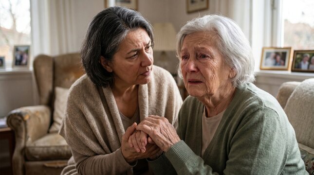 Dementia Caregiver Providing Emotional Support to Elderly Woman