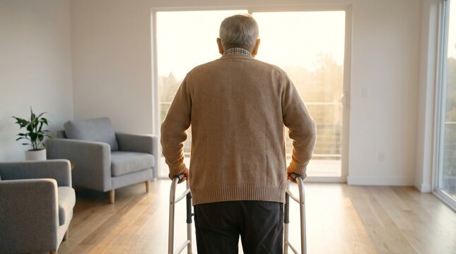 Elderly Man Using Walker at Home During Rehabilitation