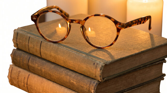 Vintage Books and Eyewear: A pair of tortoise-shell glasses rests atop a stack of aged, leather-bound books, illuminated by the soft, flickering glow of nearby candles.