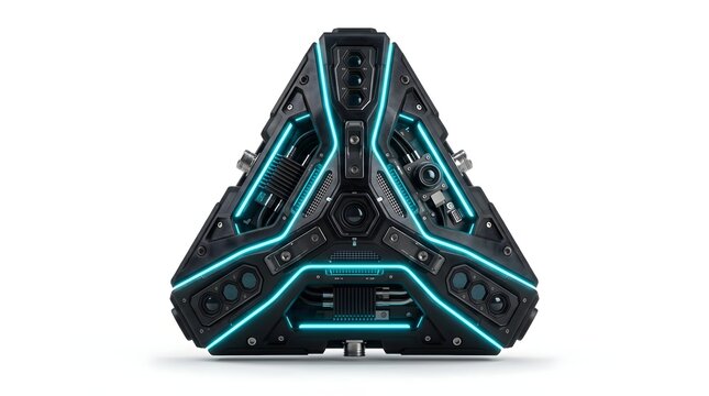 Futuristic triangular Sci-Fi hardware module with blue glowing neon lights and mechanical details isolated on white background