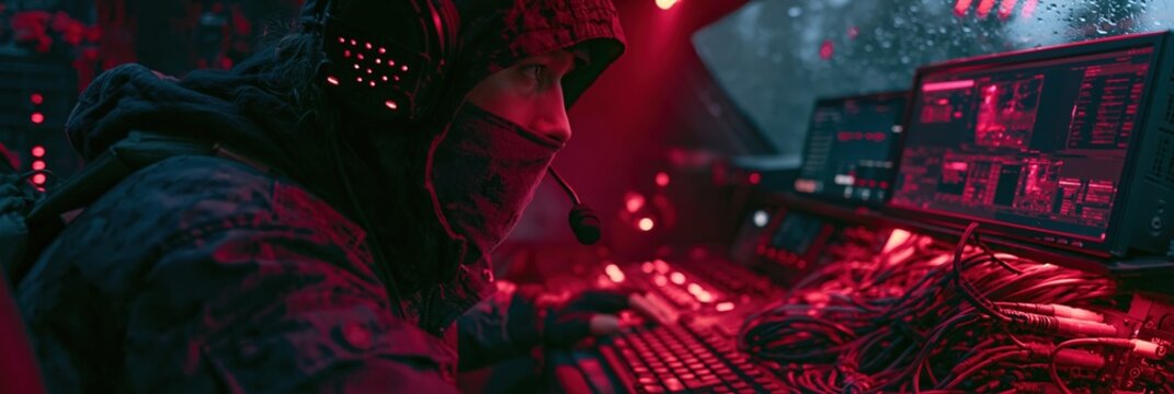 Closeup of a masked technician operating livestream equipment within a rainspeckled vehicle cabin atmospheric red practical lights highlighting cables and monitors in a gritty