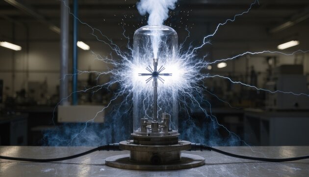 Medium shot capturing the intense bright flash as a highvoltage getter fires illuminating the darkened lab environment with dynamic energy and sparks inside the glass tube.