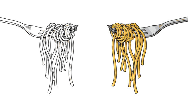 Dual illustration of two forks twirling spaghetti pasta shown in both black and white and colored versions.