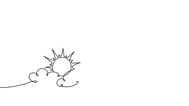 Continuous one line cloud sun art sky weather illustration outline. Sun cloud solar summer doodle graphic sketch energy linear stroke single vector icon sunny abstract park nature black ecosystem