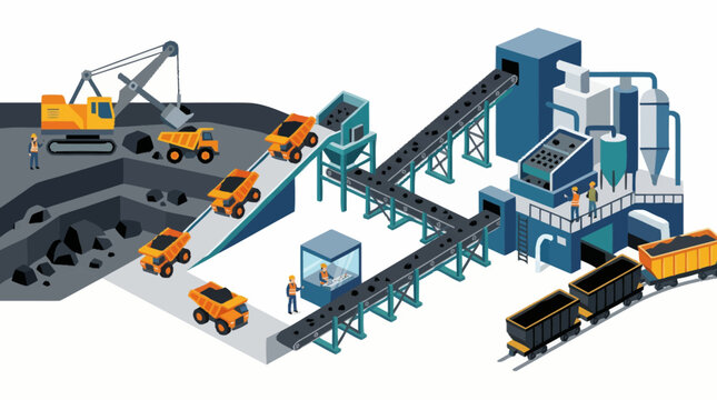 Coal mining industrial complex with excavators trucks and conveyor belts.