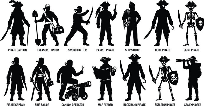 Black silhouette icons of pirate captain, treasure hunter, sword fighter, parrot pirate, skeleton pirate, ship sailor, cannon operator, sea explorer