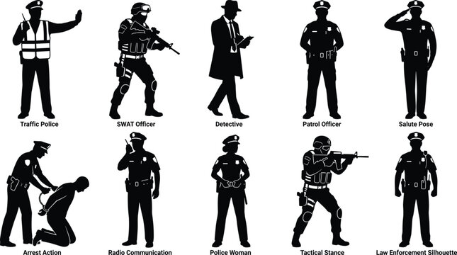 Black silhouette icons of police officers, SWAT, detective, patrol, salute, arrest action, radio communication, tactical stance, law enforcement