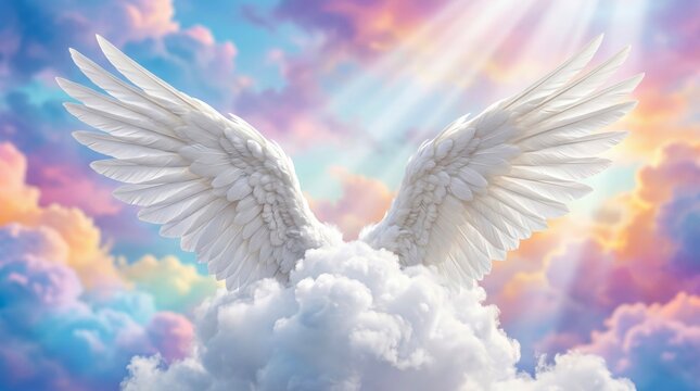 White angel wings emerging from fluffy clouds against a colorful sky with soft pastel hues and rays of light illuminating the scene