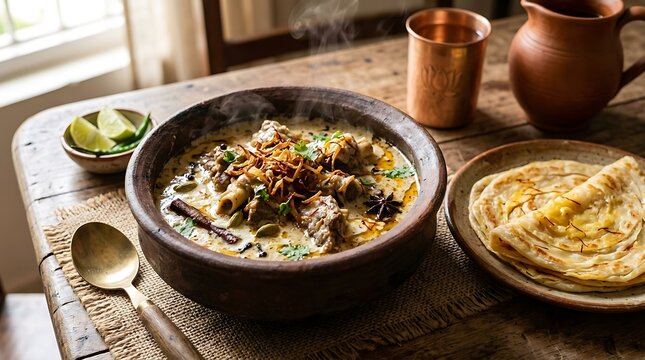 Steaming Bengali Mutton Rezala served in a rustic clay pot with paratha and lime wedges