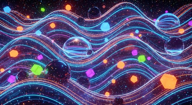 Vibrant neon waves with glowing orbs and polygons in space
