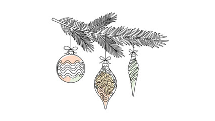 Obraz premium Minimalist one line drawing of a pine branch decorated with three colorful christmas baubles for modern holiday card designs.