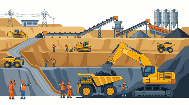 Heavy machinery operates in a large open pit mine with workers present.