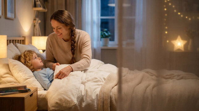 Mother tucking in young child in cozy bedroom at night  