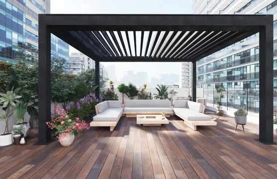 3D Horizontal pull of a Luxury Rooftop Pergola Lounge in a Modern Urban Residential Complex