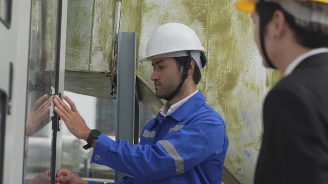 A mechanical site engineer in a blue uniform and hardhat adjusting control panel parameters while a green building consultant tracks progress during an outdoor system audit.