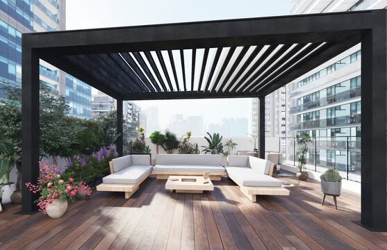 3D render orbit camera shot of a luxury rooftop pergola in the city